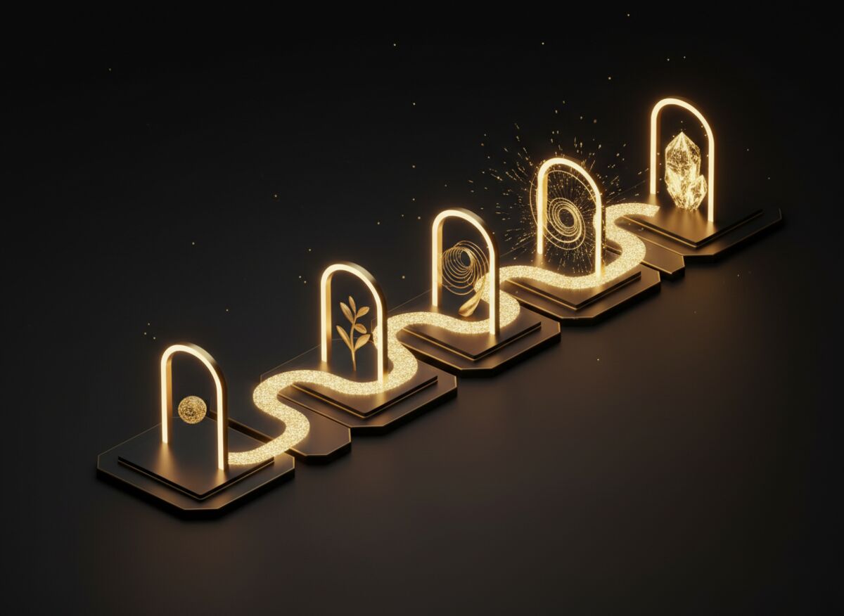 Goldener Weg führt über dunkle Plattformen durch immer heller leuchtende Tore