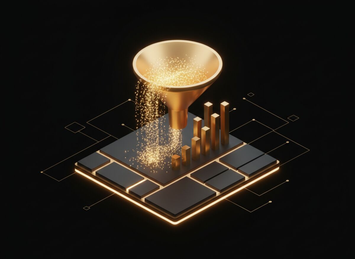 Goldener Trichter fängt Lichtpartikel und speist ein dunkles Dashboard mit steigenden goldenen Balken