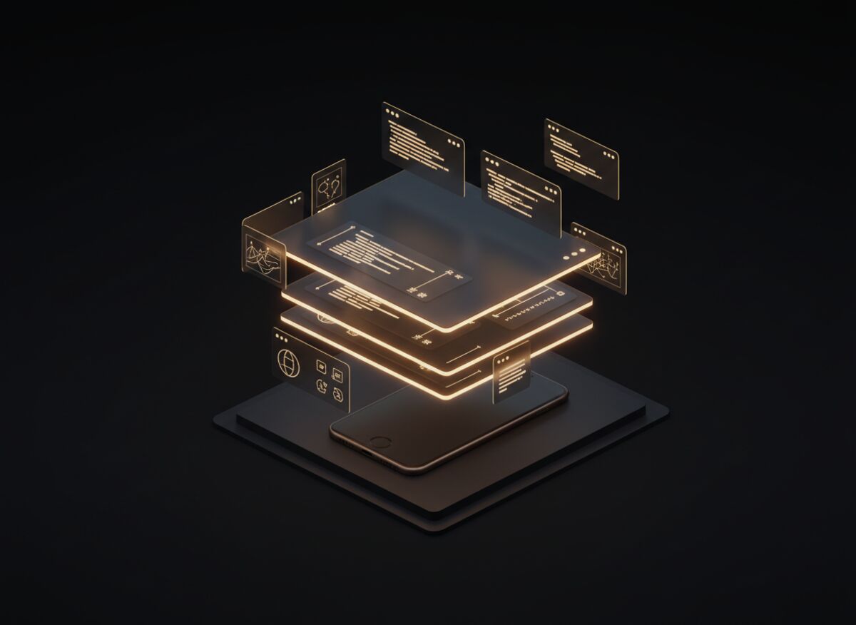 Dark smartphone and tablet with floating golden interface layers