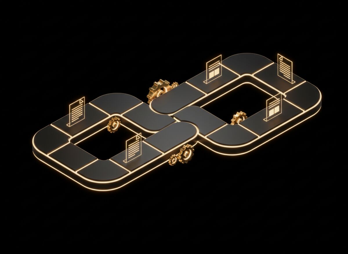 Golden documents gliding along a conveyor of dark modules with small golden gears