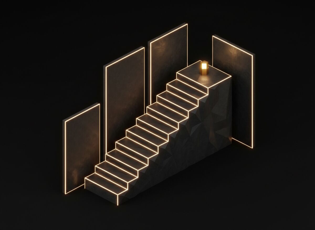 Treppe aus dunklen Blöcken mit goldenem Kantenlicht steigt an, auf der obersten Stufe ein goldenes Leuchtfeuer