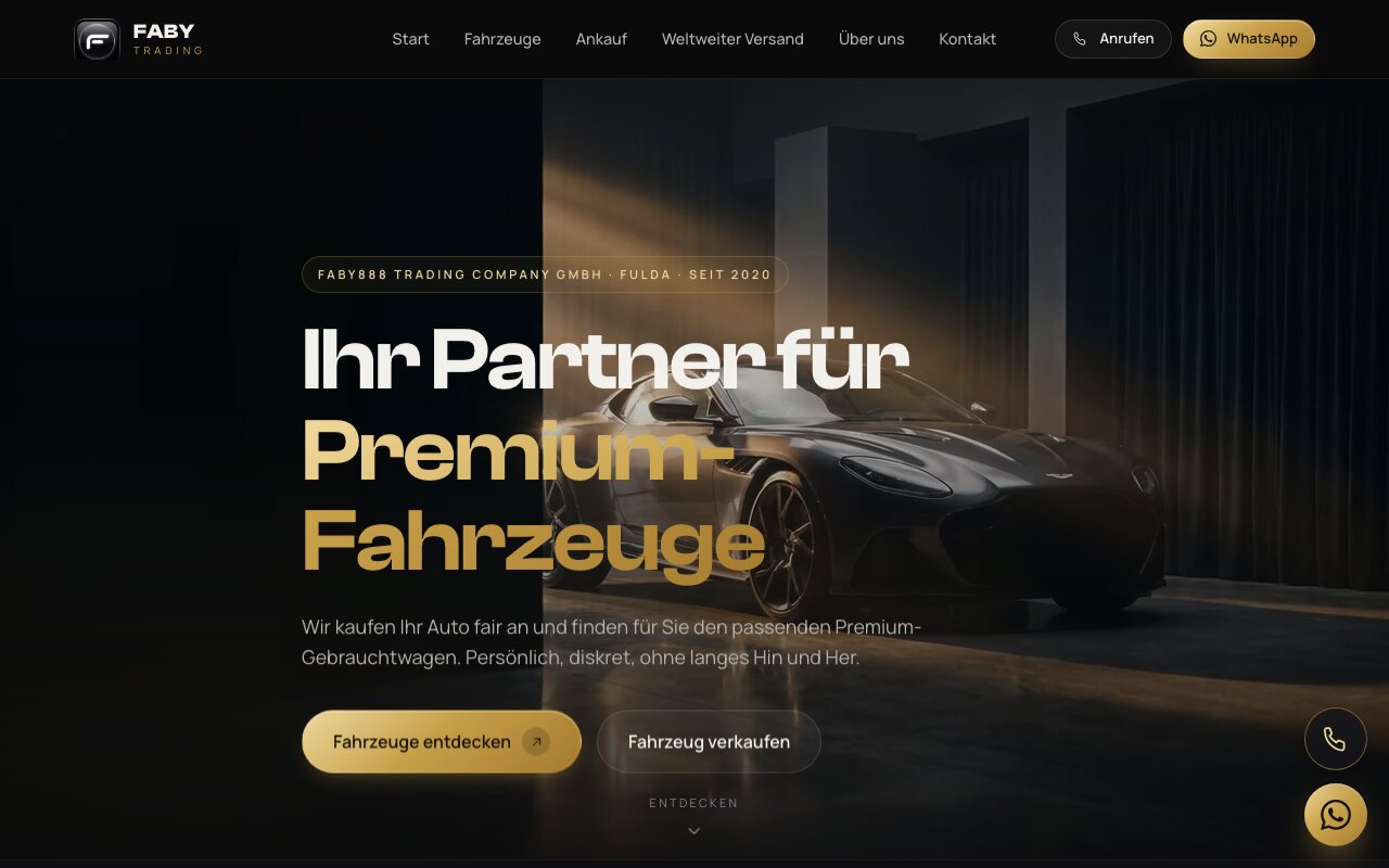 Dunkler Auftritt von Faby Trading mit Fahrzeuggalerie