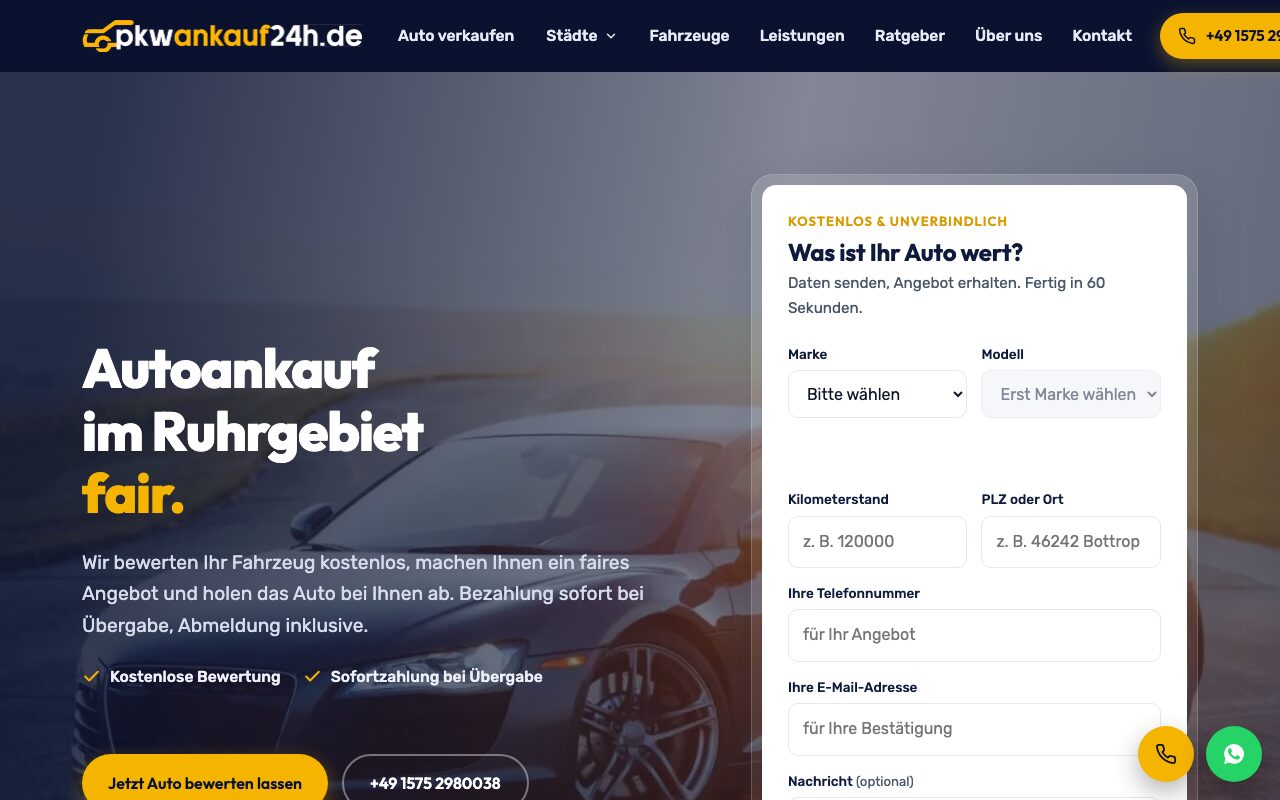 Startseite von PKW Ankauf 24h mit Sofort-Bewertungsformular