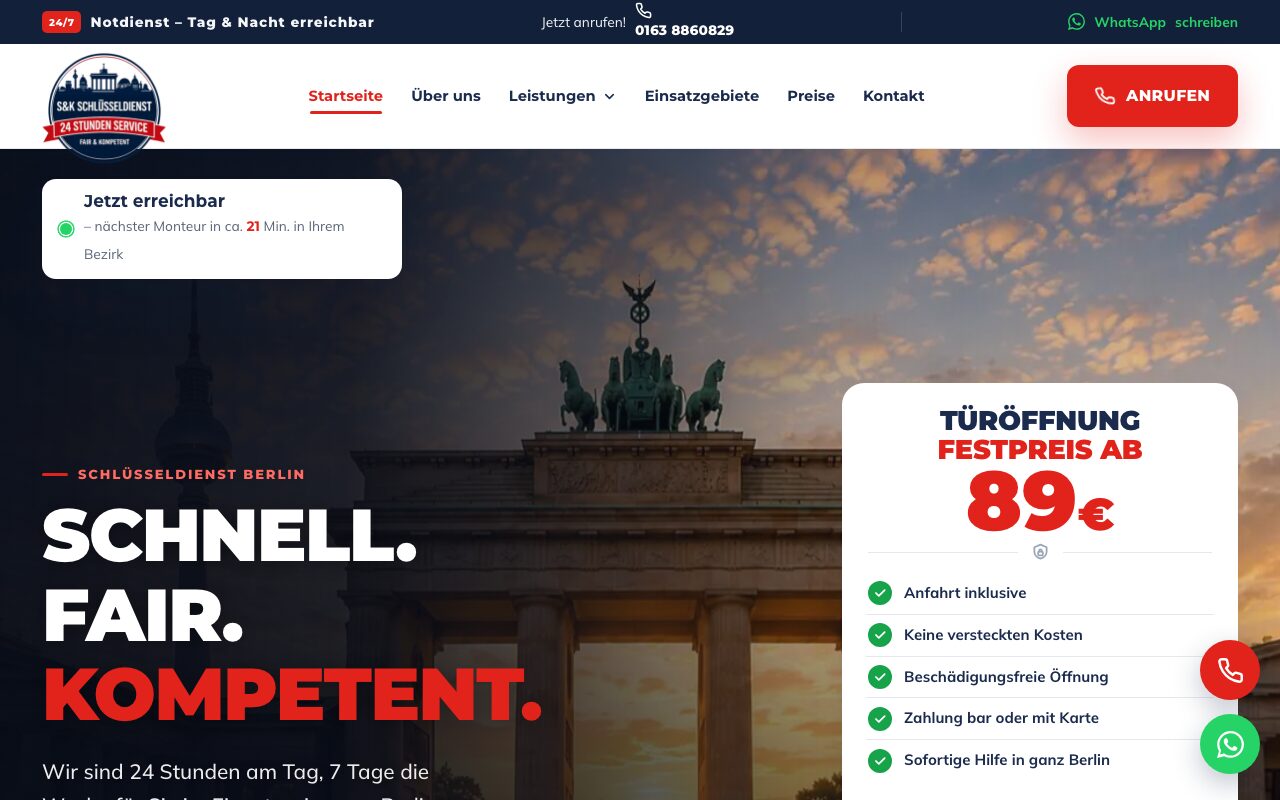 Startseite von Schlüsseldienst SK mit Festpreis und Notdienst-Hinweis